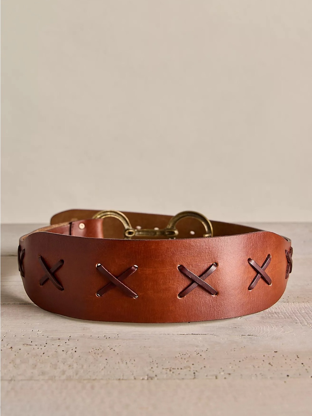 Free People Cognac Leather Waist Belt with Antique Brass Double Ring - Picture 2 of 5